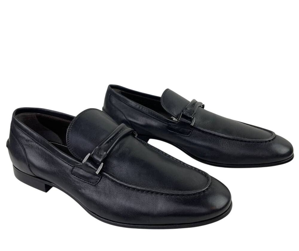 Boss HUGO BOSS Tailored Mens Navy Blue Leather Loafer Shoes Slip On Dress Size 8